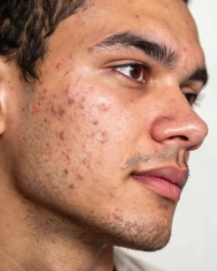 Homem jovem pardo com acne na face